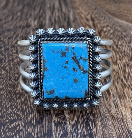 Native Navajo Handmade Sterling Silver Morenci Turquoise Old Look Cuff Bracelet