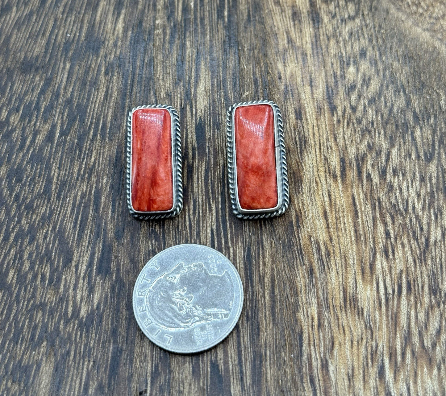 Native Navajo Handmade Sterling Silver Red Spiny Oyster Shell Post Stud Earrings