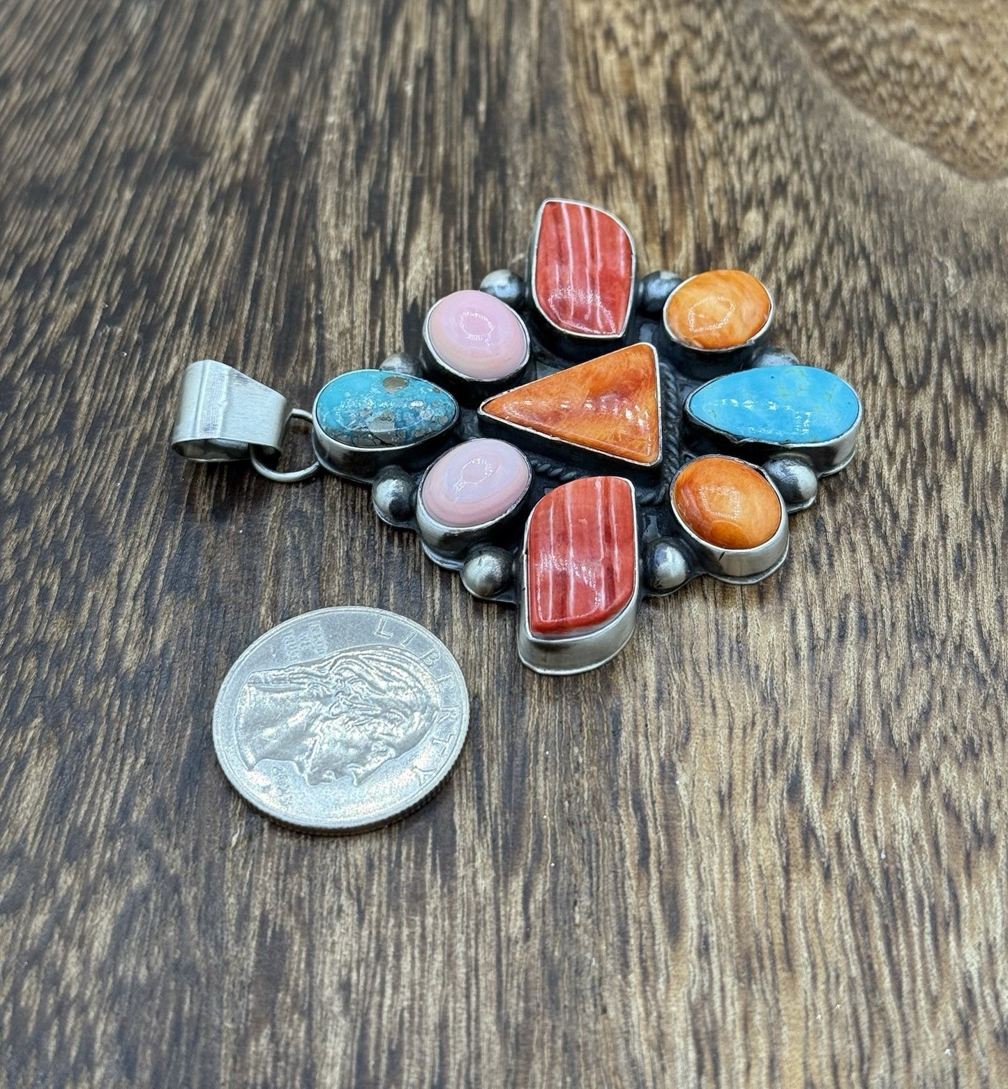 Navajo Handmade Sterling Silver Multi Color Turquoise Spiny Cluster Pendant Lg.