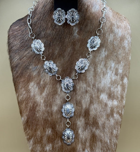 Navajo Handmade Sterling Silver Stamped Concho Shiny Lariat Necklace Set 24”