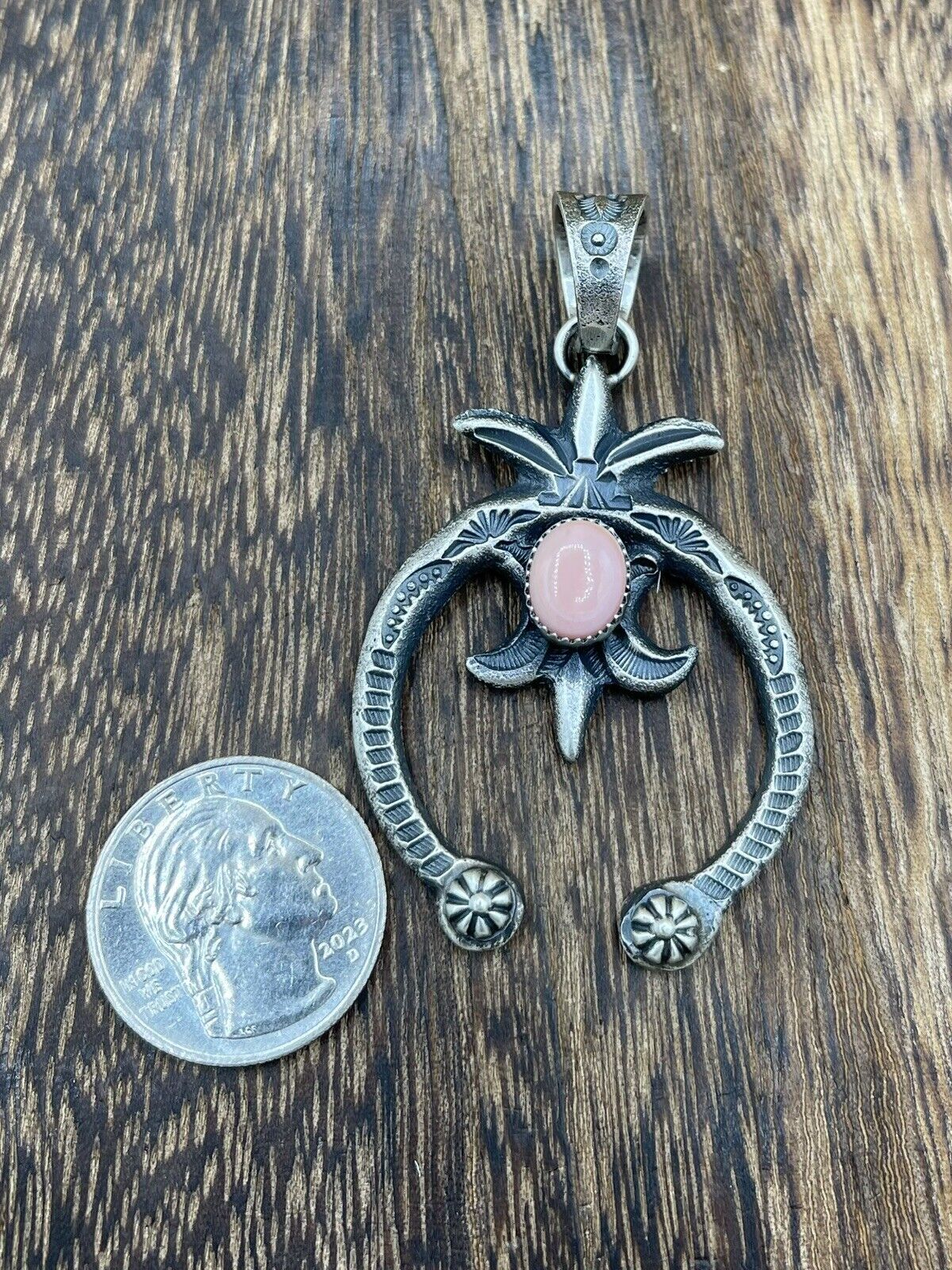 Native American Indian  Navajo Handmade Silver Old Look Pink Concho Naja Pendant