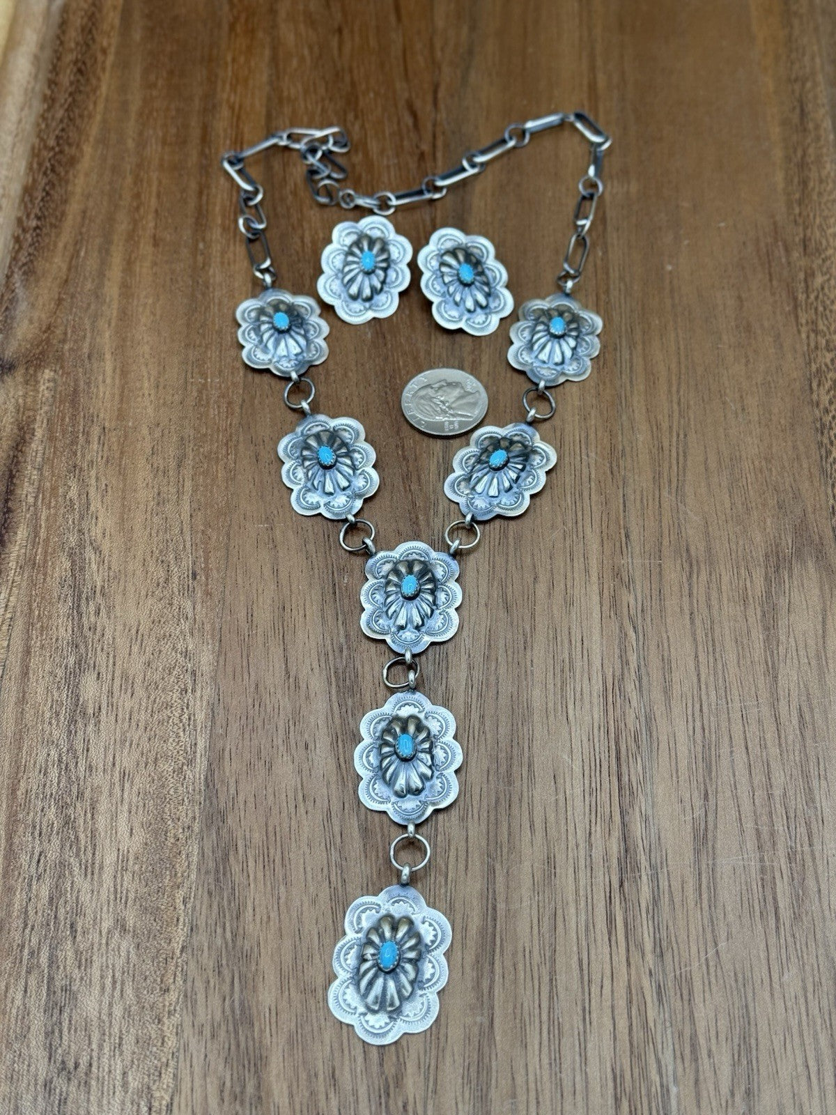 Navajo Handmade Sterling Silver Stamped Concho Turquoise Lariat Necklace Set 20”