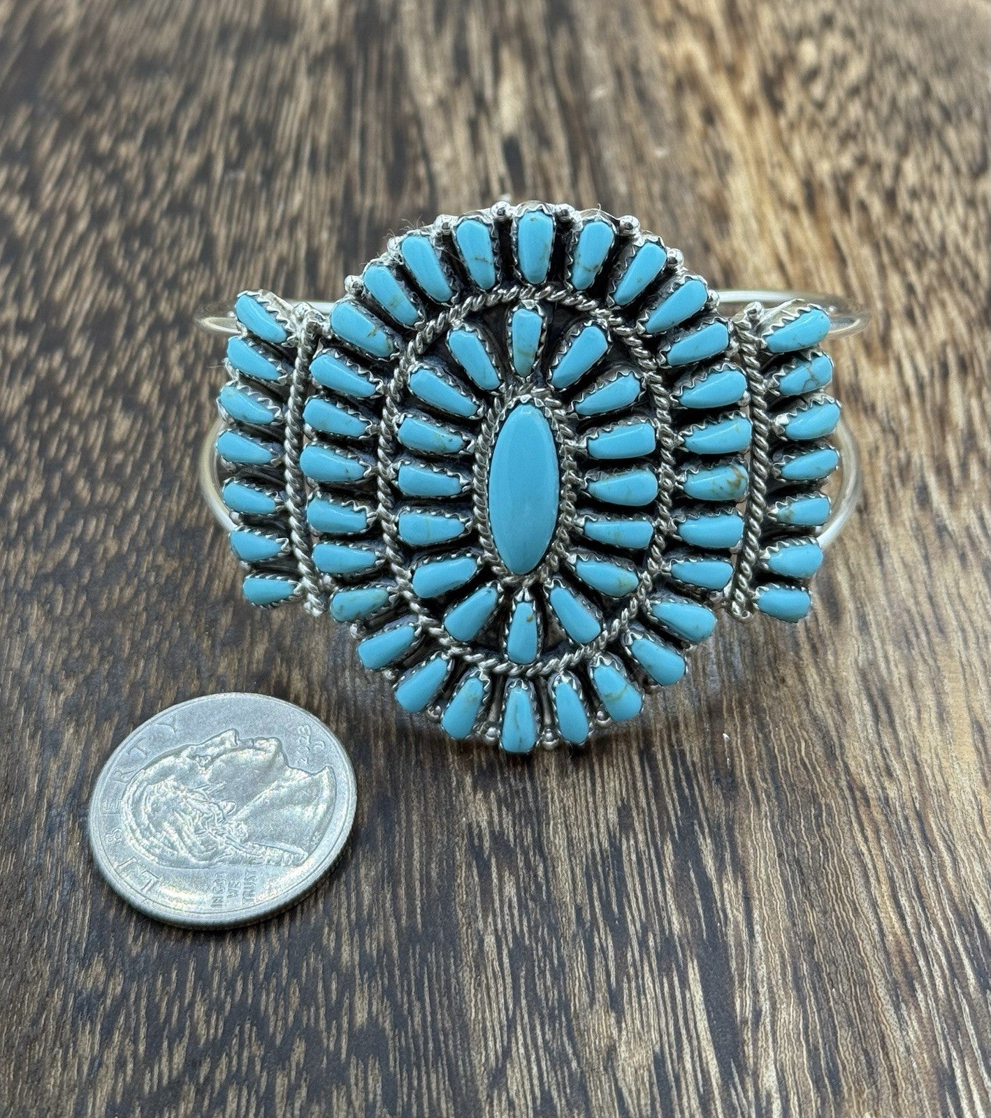 Native American Navajo Handmade Sterling Silver Turquoise Cluster Cuff Bracelet