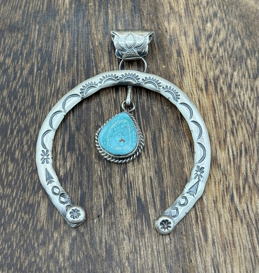 Navajo Handmade Sterling Silver Stamped Blue Bird Turquoise Naja Pendant