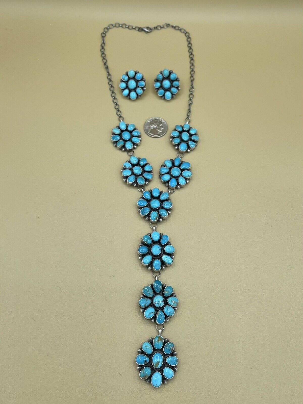 Native American Navajo Silver Kingman Turquoise Cluster Y Lariat Necklace 20”