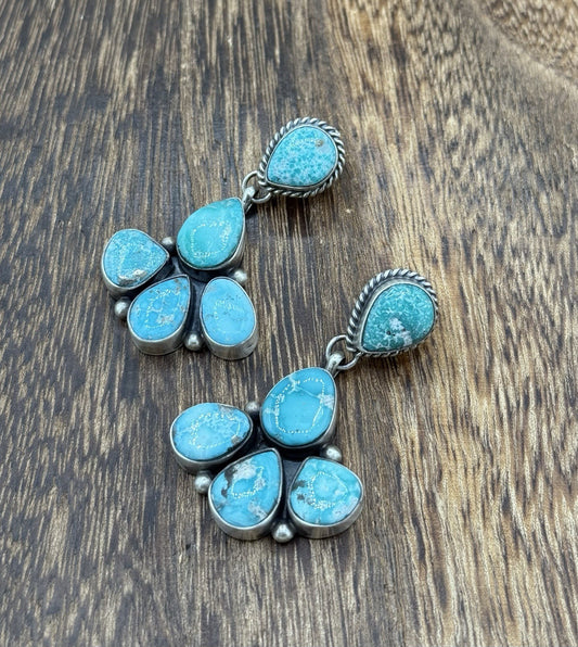 Navajo Handmade Sterling Silver Blue Bird Turquoise Cluster Post Dangle Earrings