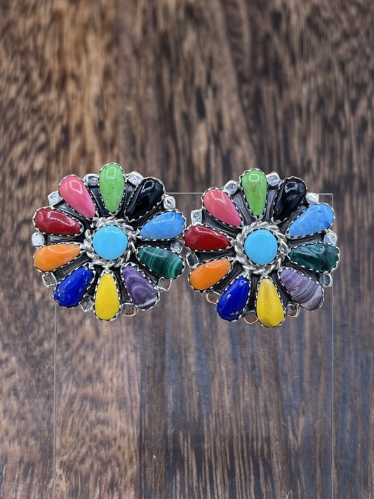 Native American Navajo Handmade Sterling Silver Multicolor Cluster Stud Earrings