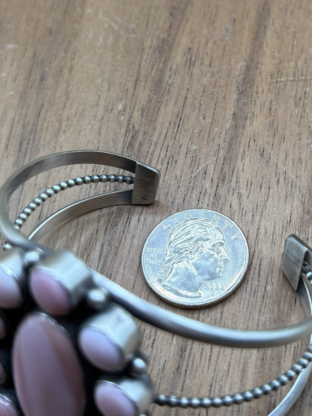 Navajo Handmade Sterling Silver Pink Conch Cluster Cuff Bracelet Large