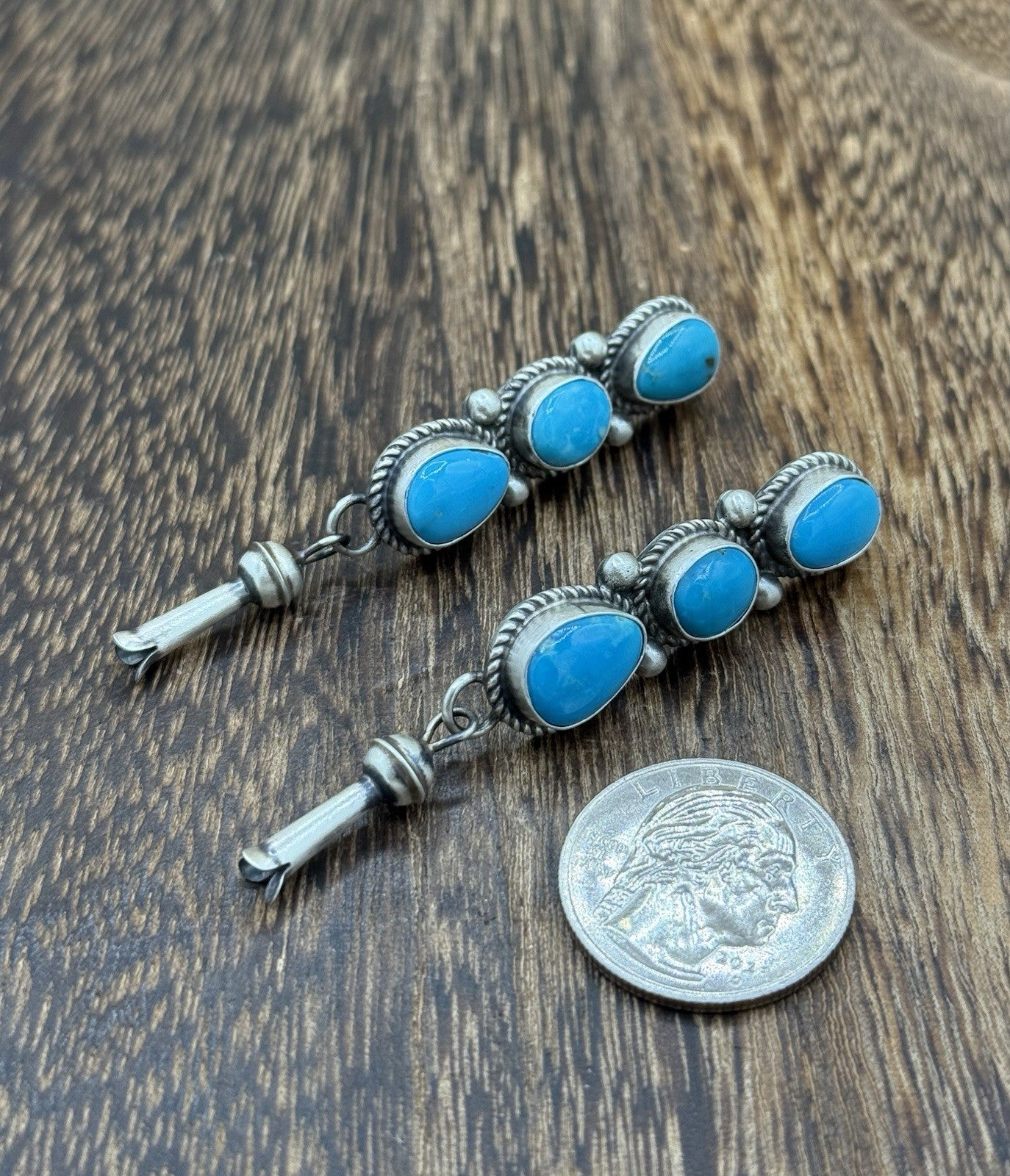 Navajo Handmade Sterling Silver Kingman Turquoise Blossom Post Dangle Earrings