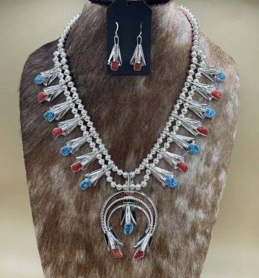 Native American Navajo Handmade Turquoise And Red Coral Squash Blossom Necklace