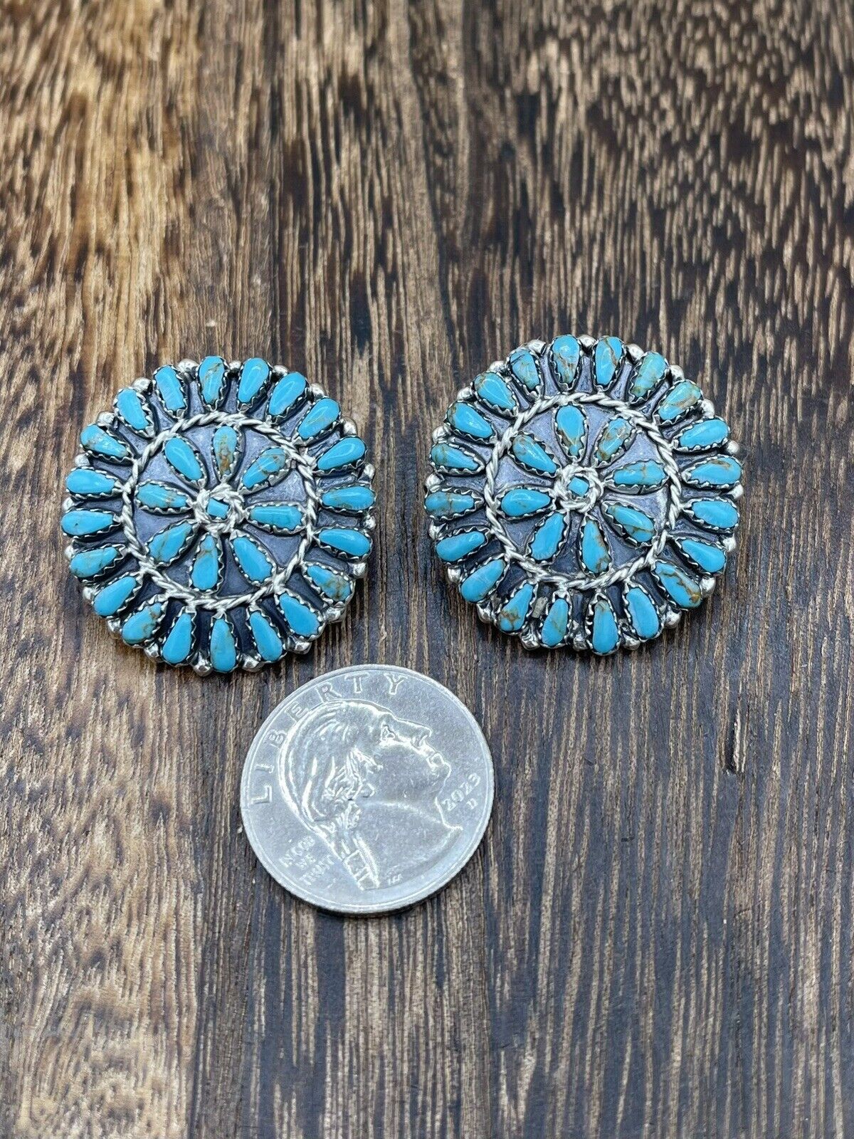 Native American Navajo Handmade Sterling Silver Turquoise Cluster Post earrings