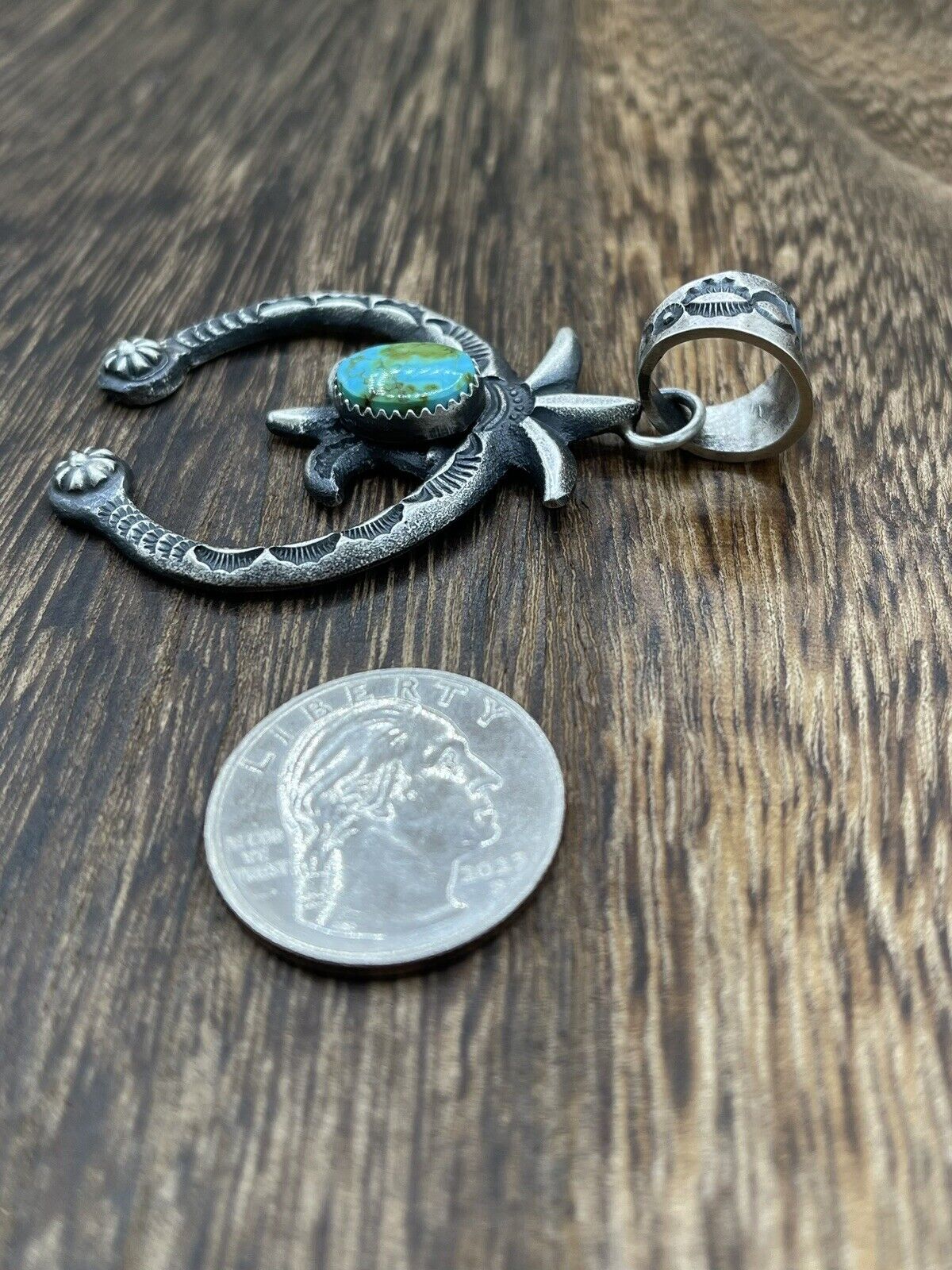 Native American Indian  Navajo Handmade Silver Old Look Turquoise Naja Pendant