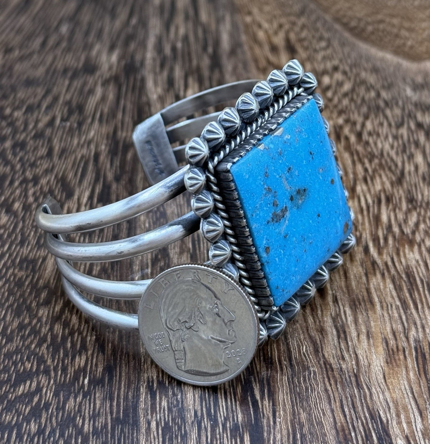 Native Navajo Handmade Sterling Silver Morenci Turquoise Old Look Cuff Bracelet
