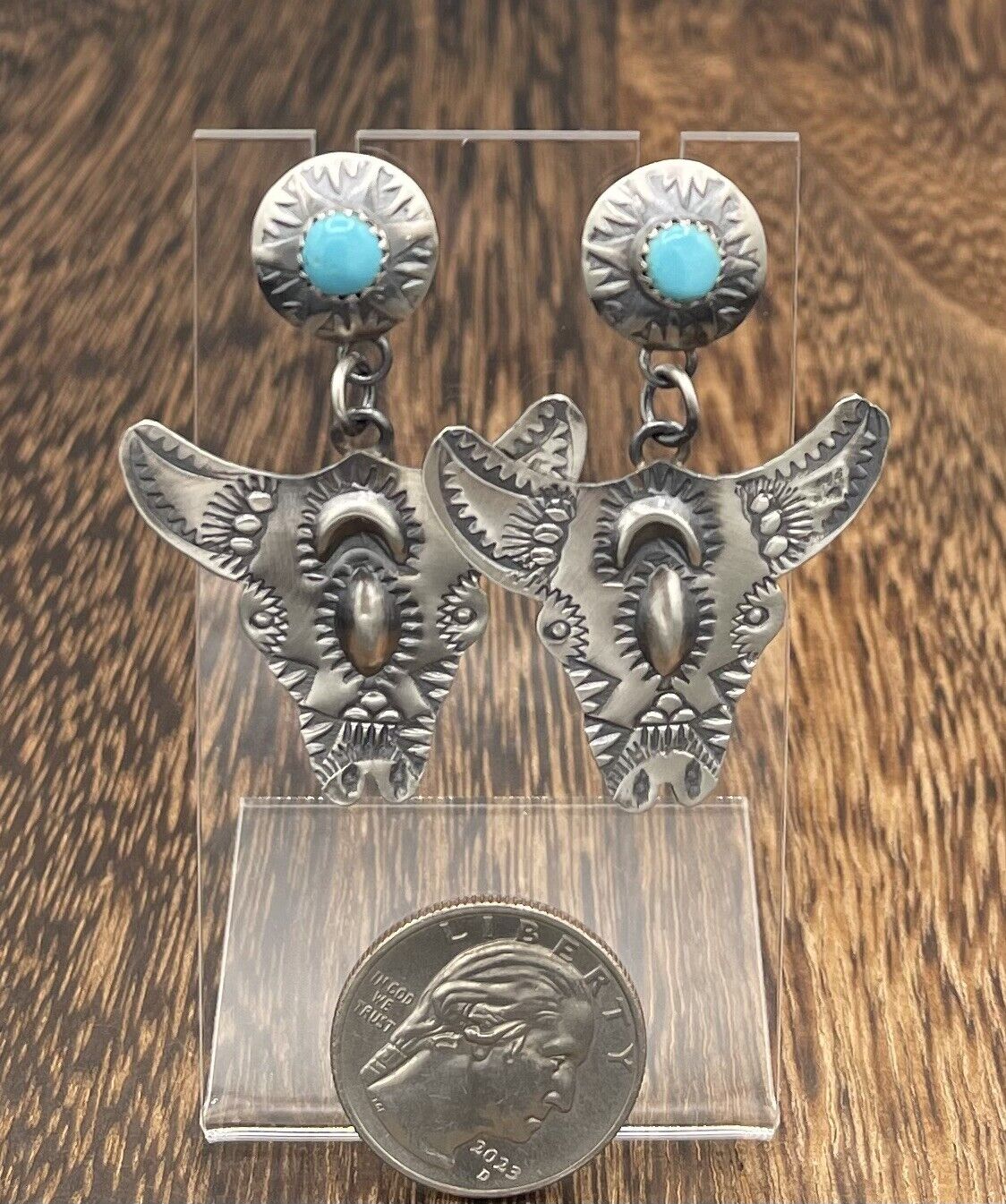 Native American Sterling Silver Navajo Handmade Oldlook Turquoise Earrings