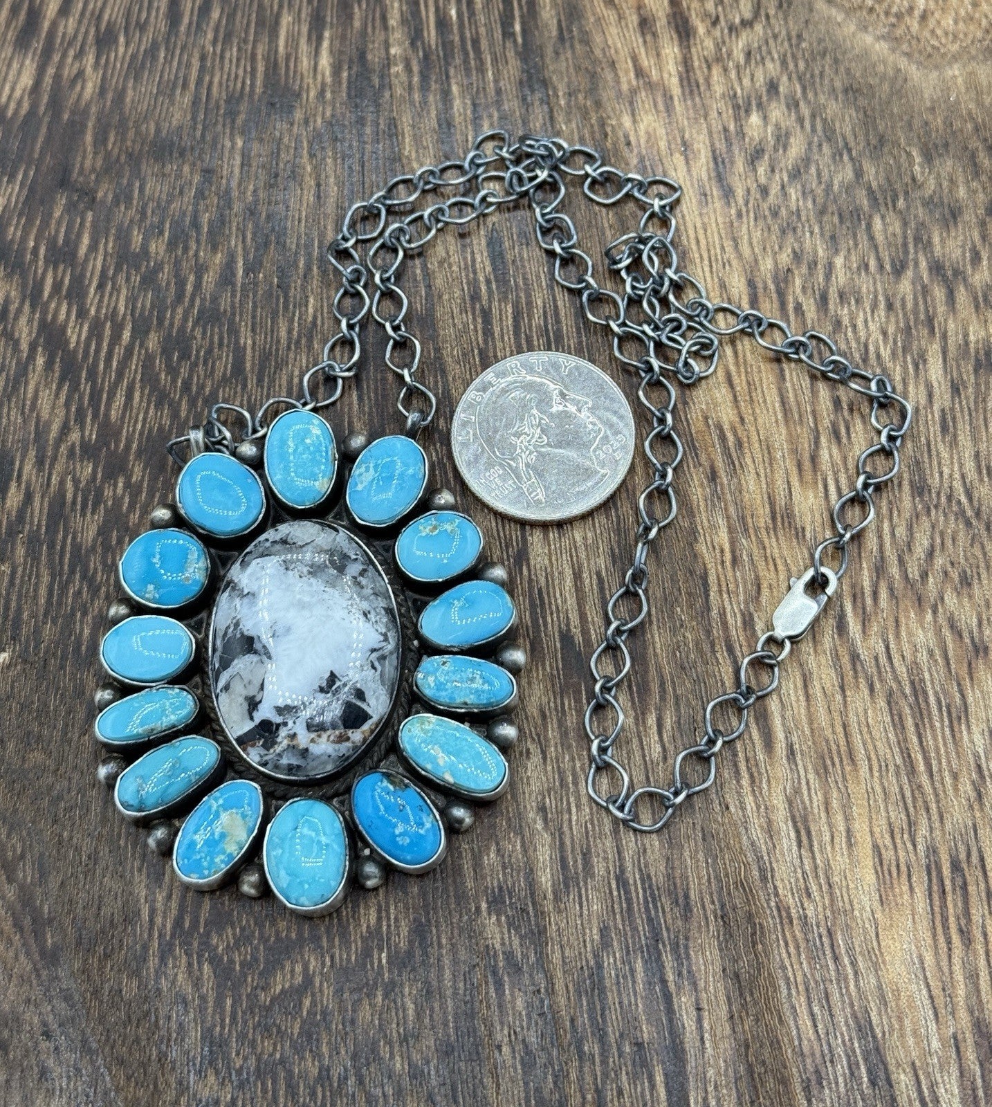 Navajo Handmade Silver Blue Ridge Turquoise & White Buffalo Cluster Necklace