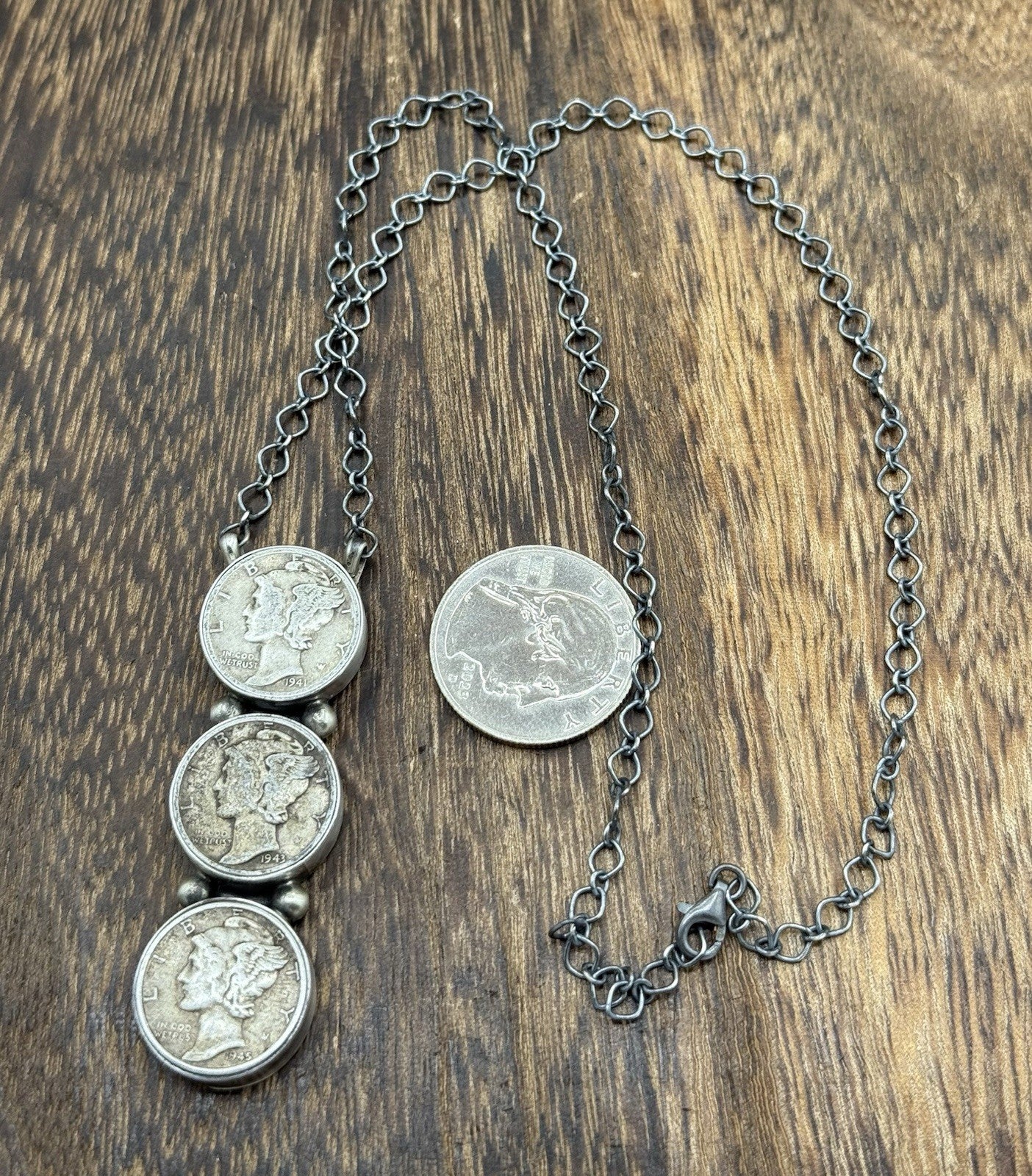 Navajo Handmade Sterling Silver Liberty Dime Cluster Bar Lariat Necklace 18”