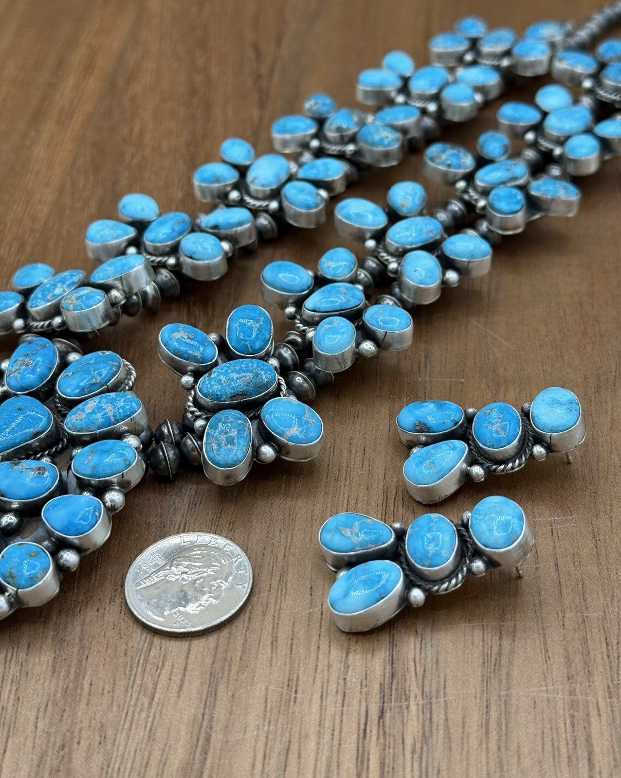 Navajo Handmade Sterling Silver Blue Ridge Turquoise Squash Blossom Necklace