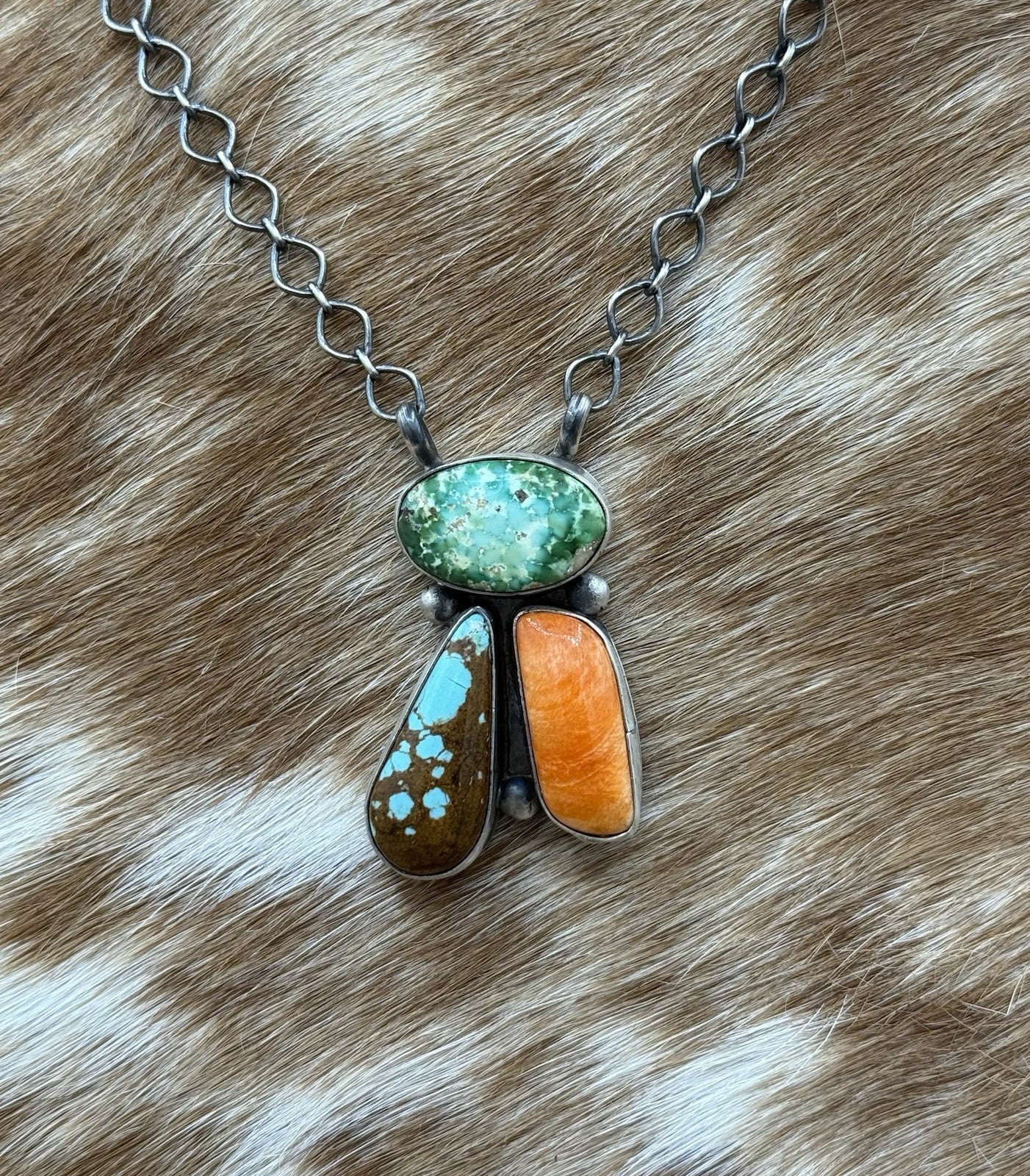 Navajo Handmade Sterling Silver Multi stone Turquoise  Cluster Bar Necklace 18”