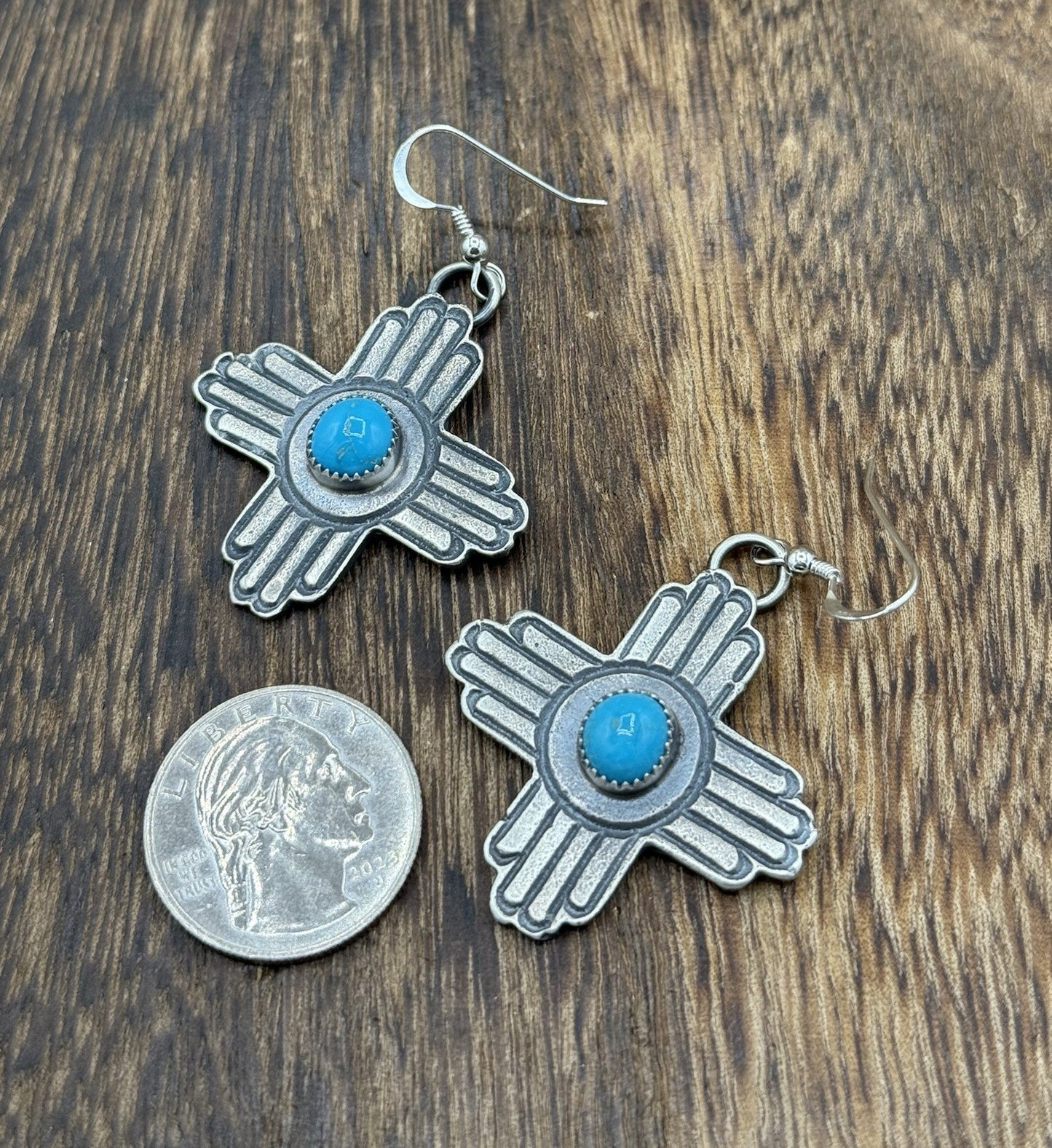 Navajo Handmade Sterling Silver Zia Kingman Turquoise Earrings Kevin Billah