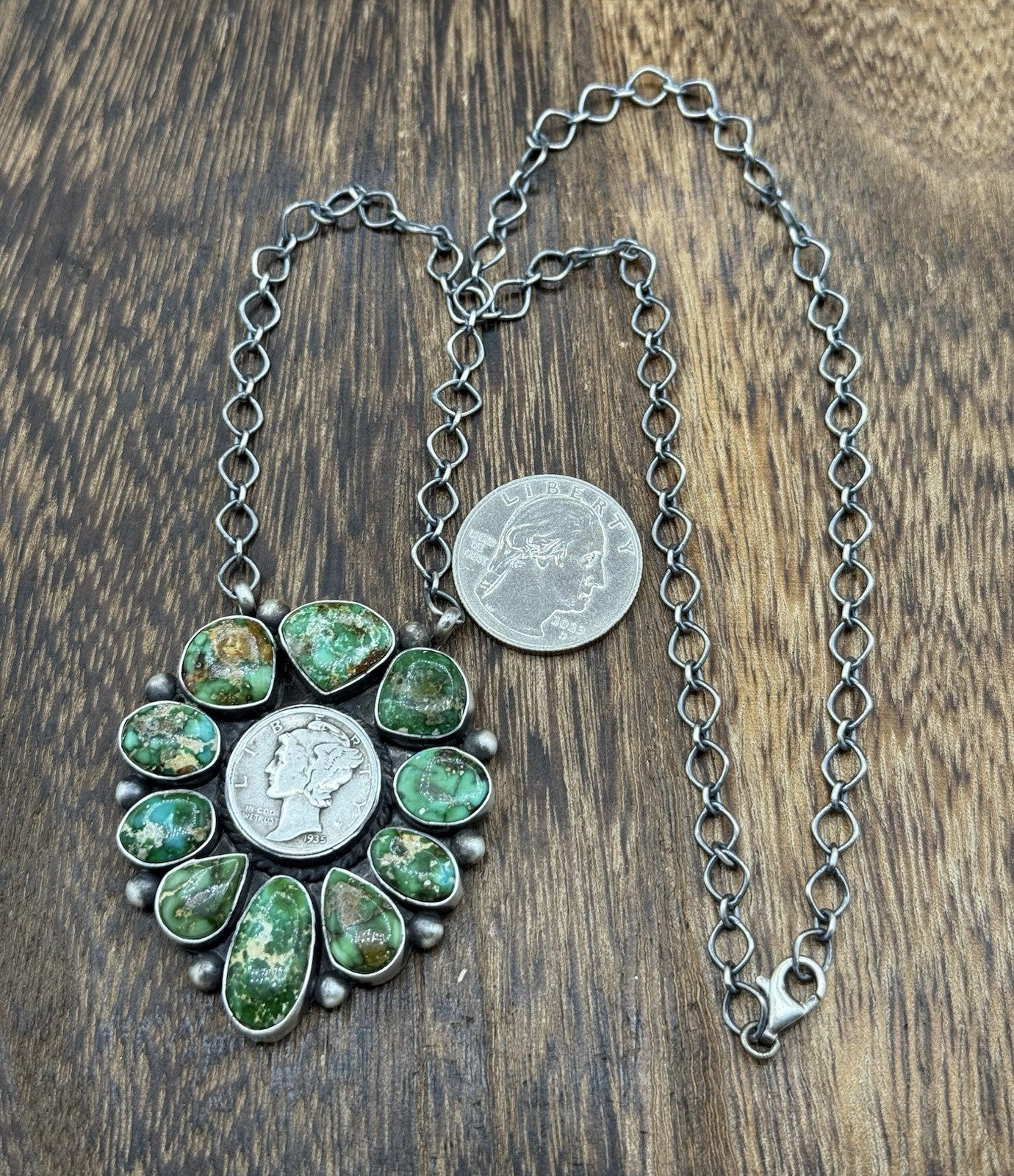 Navajo Handmade Silver Sonoran Gold Turquoise Liberty Coin Cluster Necklace 18”