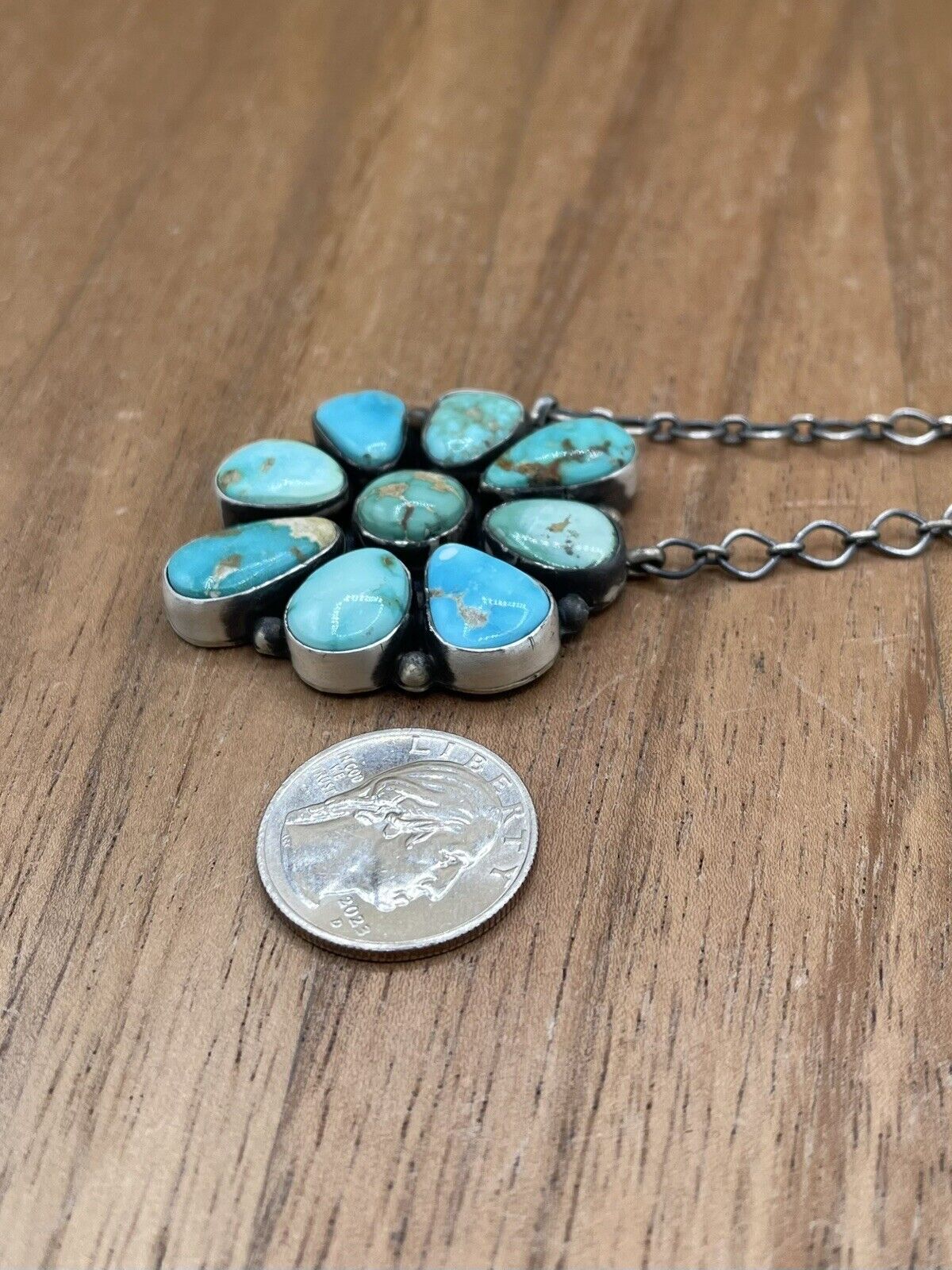 Native American Navajo Handmade Silver Sonoran Turquoise Cluster Bar Necklace