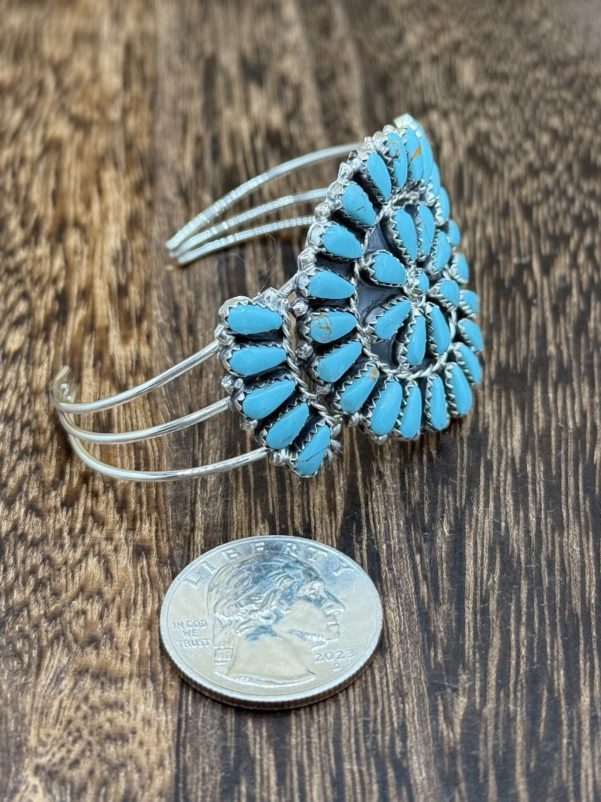 Native American Navajo Handmade Sterling Silver Turquoise Cluster Cuff Bracelet