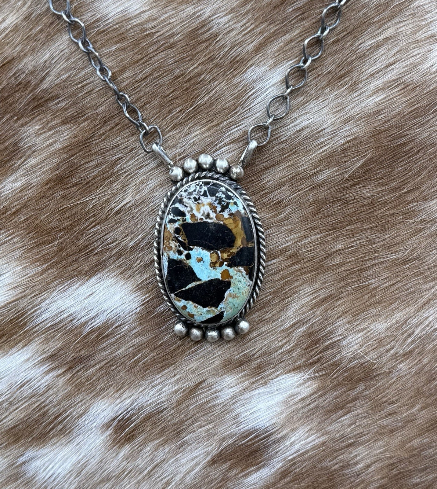 Native Navajo Handmade Sterling Silver Blackjack Turquoise Bar Necklace 18”