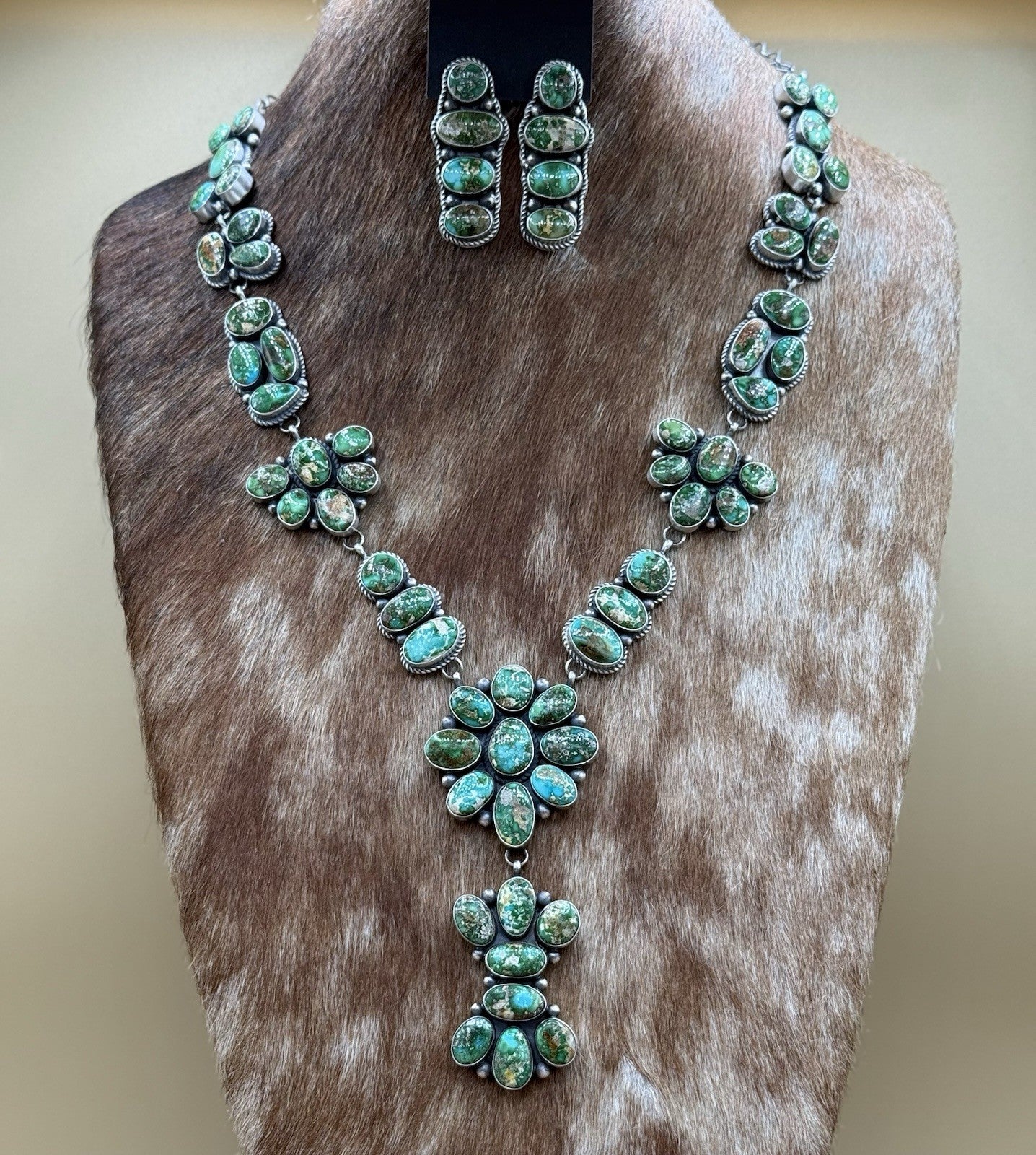 Navajo Handmade Sterling Silver Sonoran Gold Turquoise Cluster Lariat Necklace