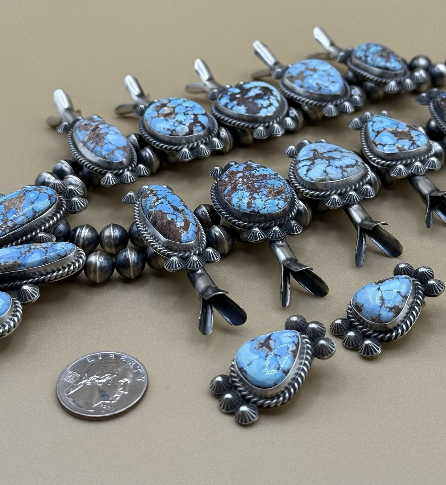 Navajo Handmade Sterling Silver Blue Ridge Turquoise Squash Blossom Necklace