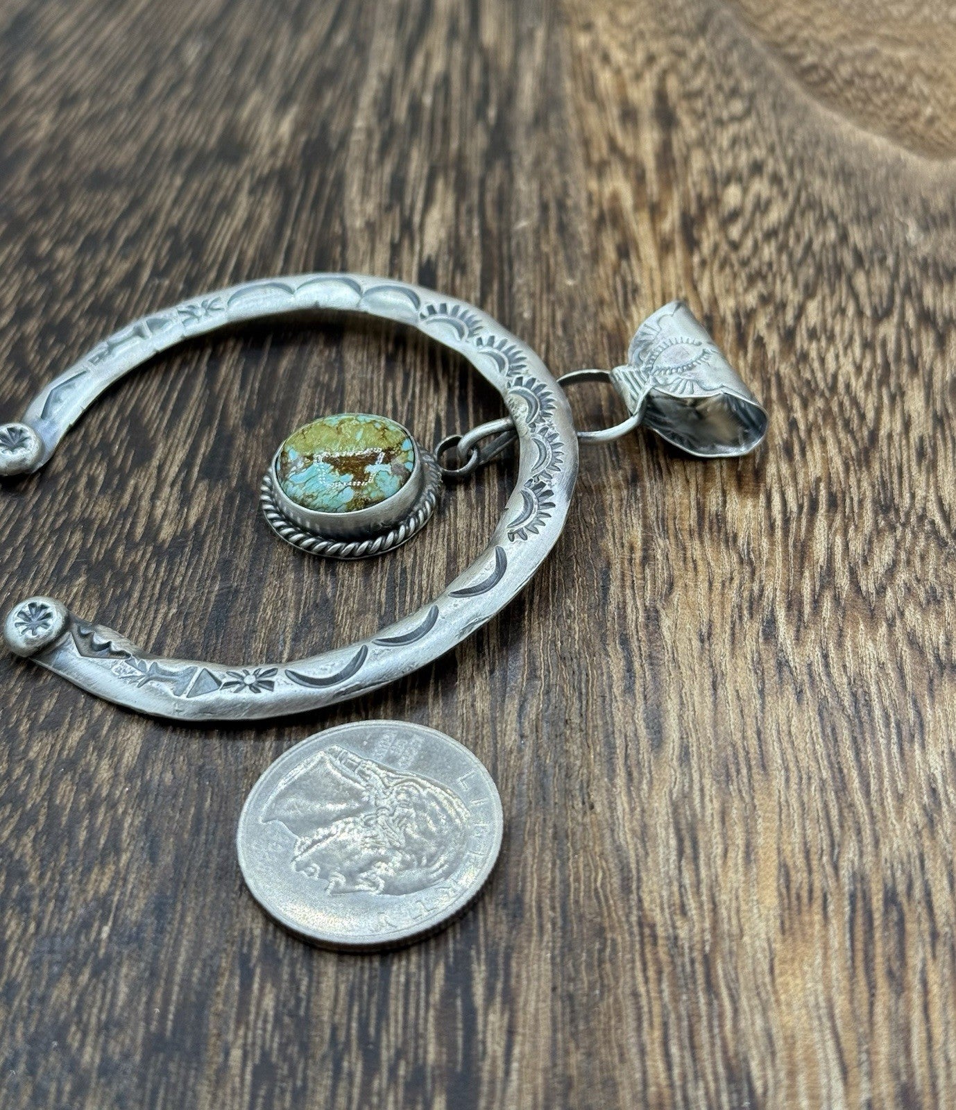 Navajo Handmade Sterling Silver Stamped Blue Glacier Turquoise Naja Pendant