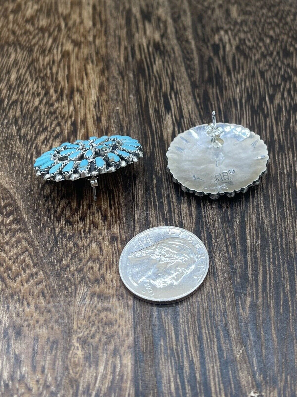 Native American Navajo Handmade Sterling Silver Turquoise Cluster Post earrings