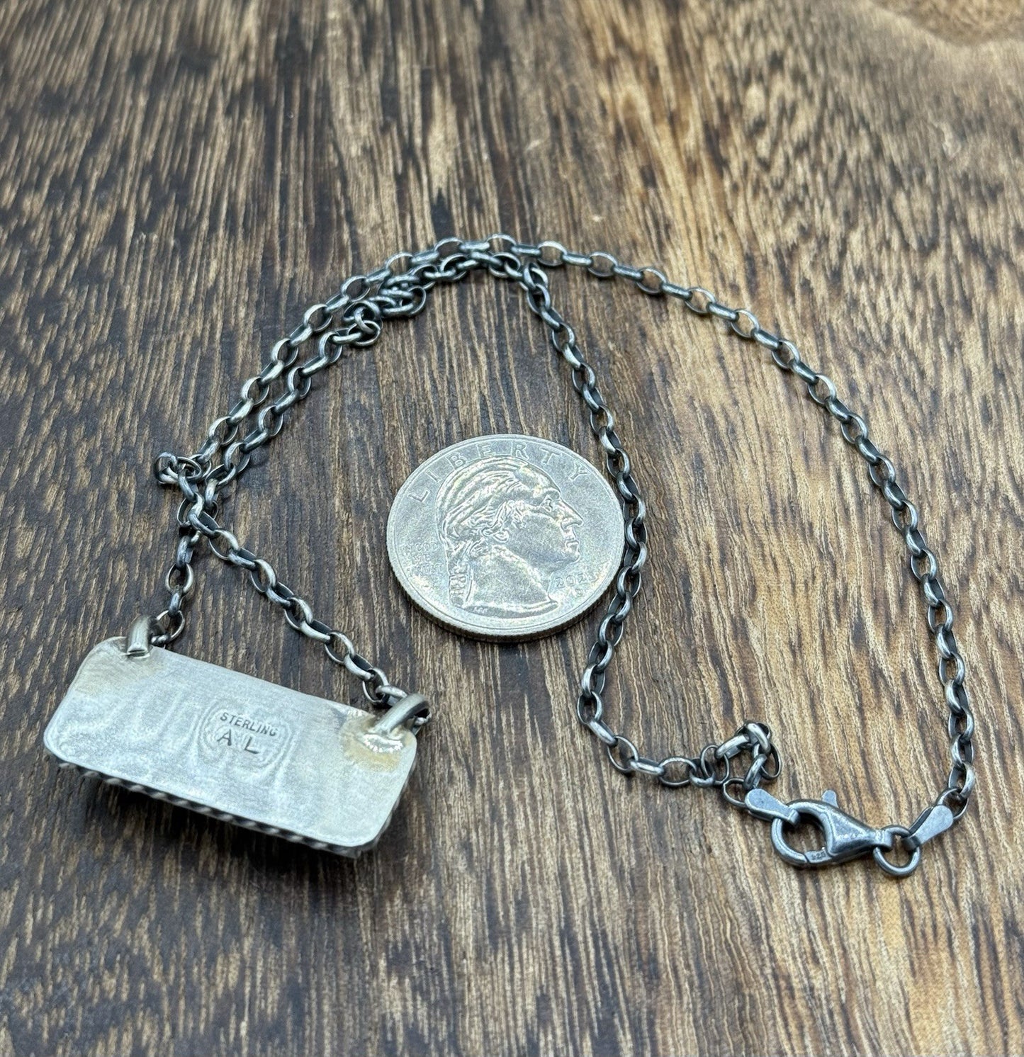 Navajo Handmade Sterling Silver Kingman Turquoise Bar Necklace 16” Augustine L.