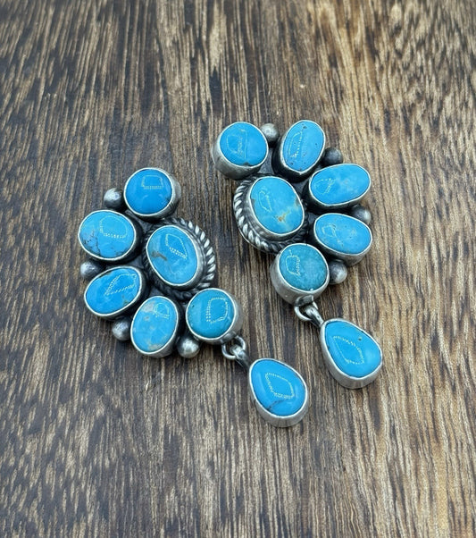 Navajo Handmade Sterling Silver Kingman Turquoise Half Cluster Drop Earrings