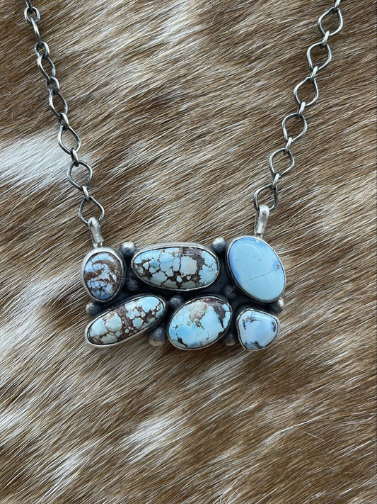 Native American Navajo Handmade Silver Turquoise Cluster Bar Necklace 18