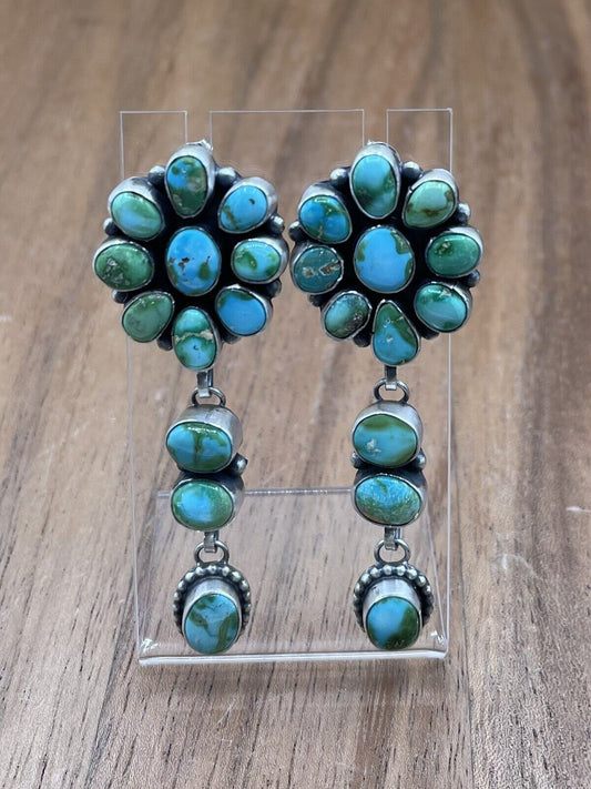 Native American Navajo Handmade Silver Sonoran Gold Turquoise Cluster Earrings