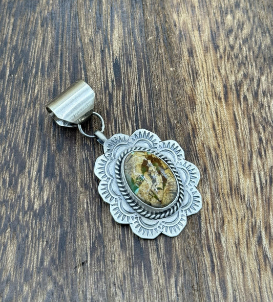 Navajo Handmade Sterling Silver Royston Turquoise Stamped Design Drop Pendant