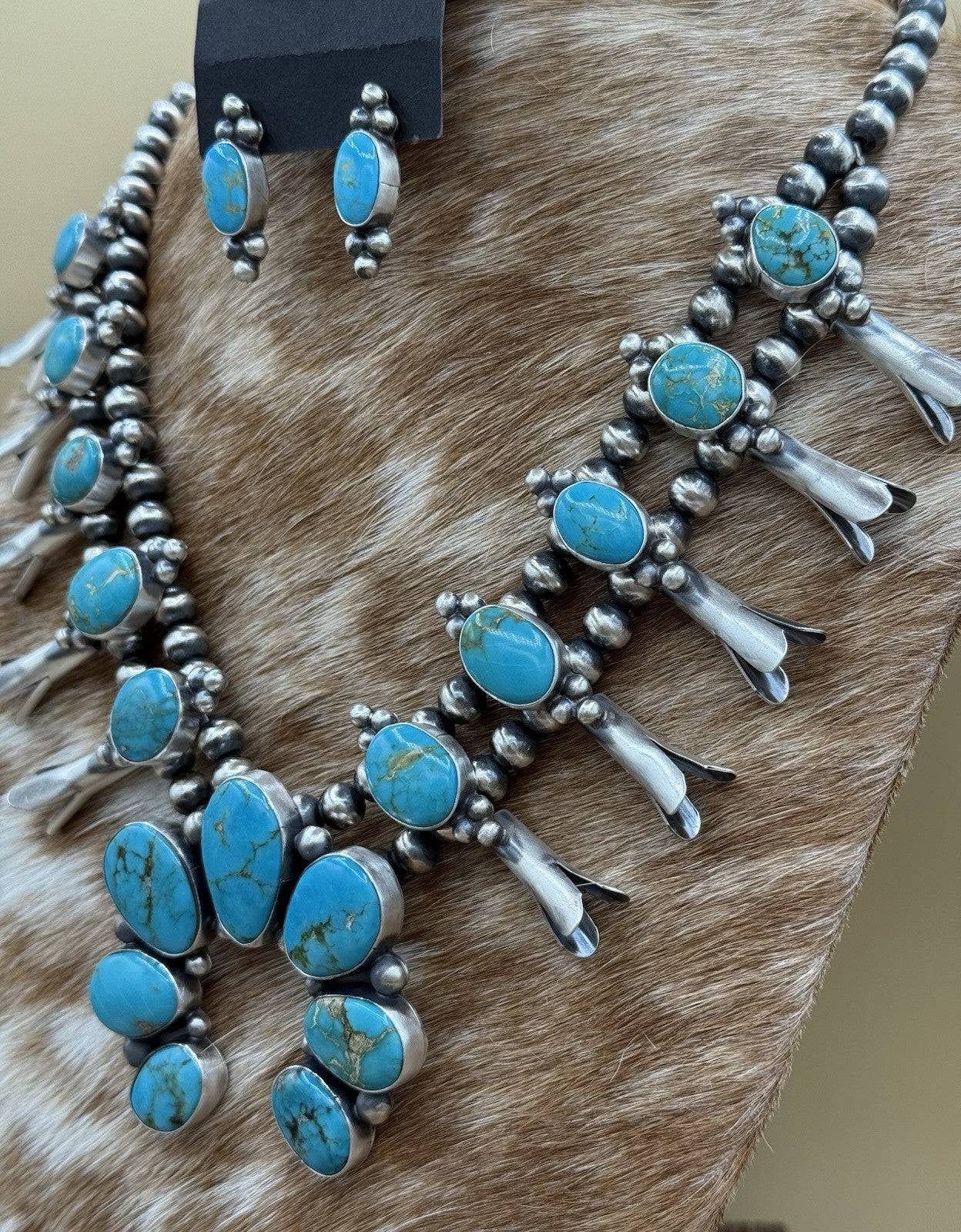 Navajo Handmade Sterling Silver Kingman Turquoise Squash Blossom Necklace 20”