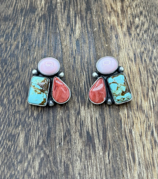 Navajo Handmade Sterling Silver Multi Color Turquoise Spiny Cluster Earrings