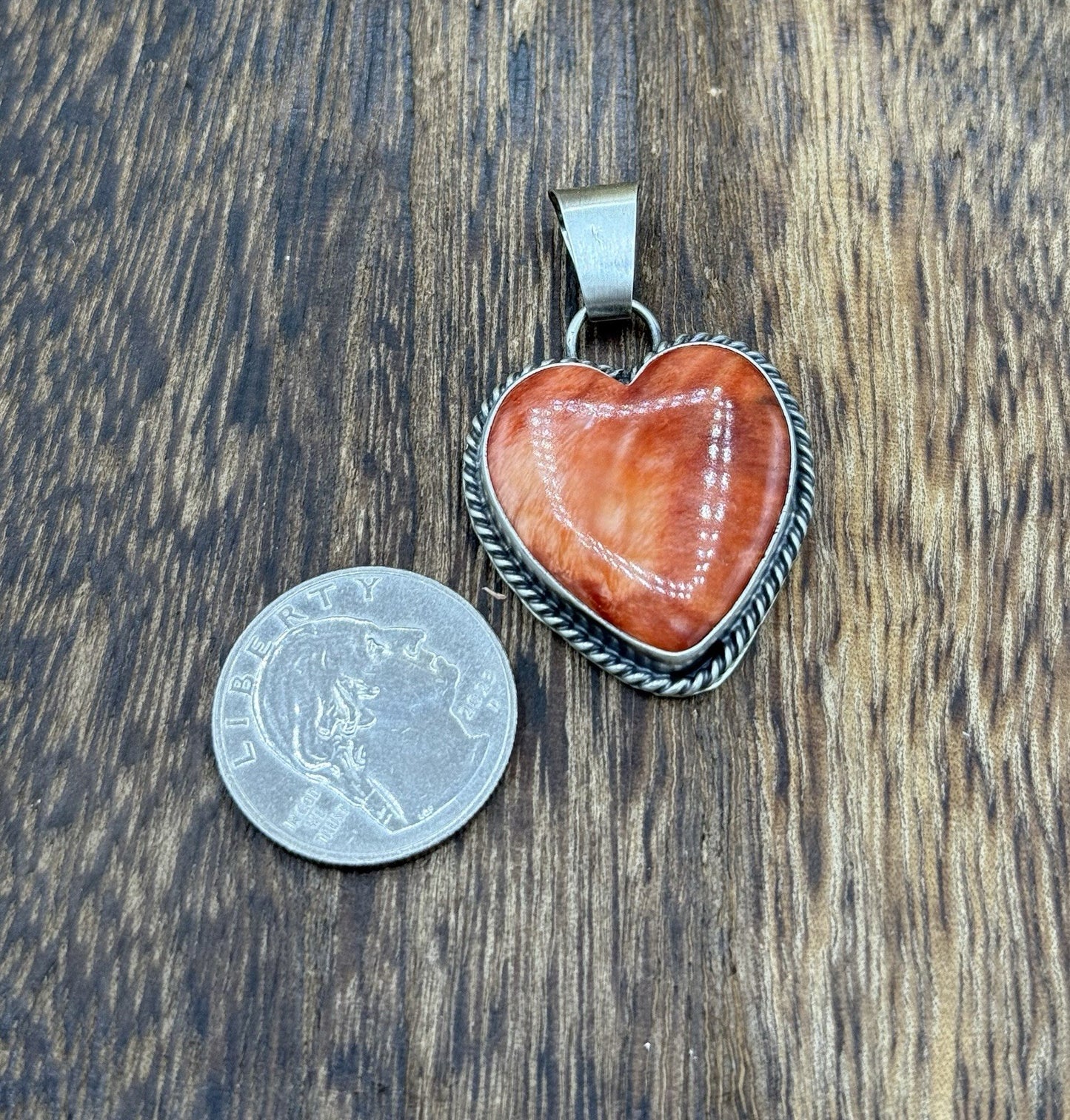 Navajo Handmade Sterling Silver Red Spiny Oyster Shell Heart Shaped Pendant