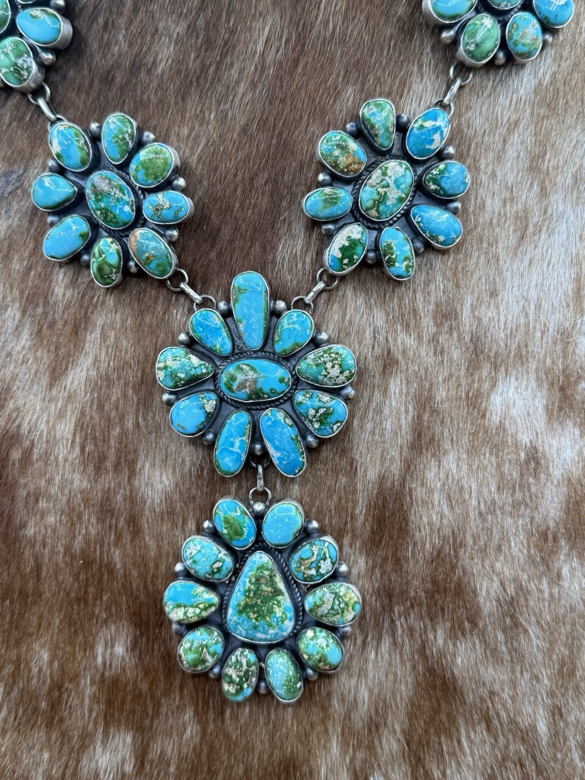 Navajo Handmade Sterling Silver Sonoran Turquoise Cluster Lariat Necklace 24”