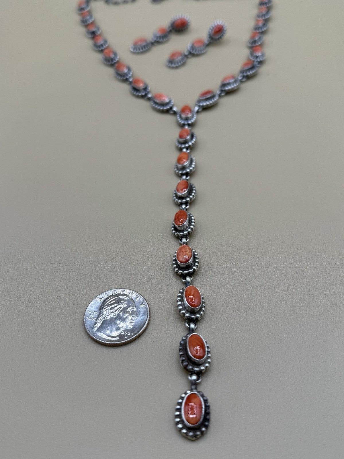 Navajo Handmade Sterling Silver Red Spiny Oyster Lariat Dangle Necklace Long