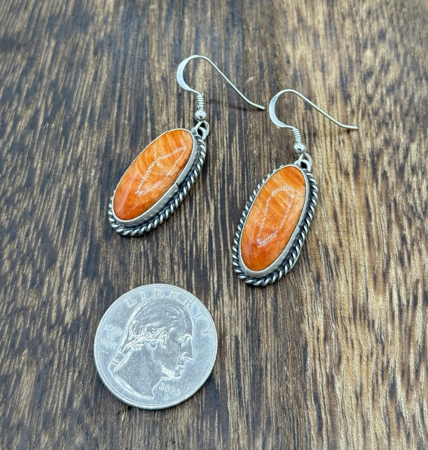 Native Navajo Handmade Sterling Silver Orange Spiny Oyster Shell Dangle Earrings