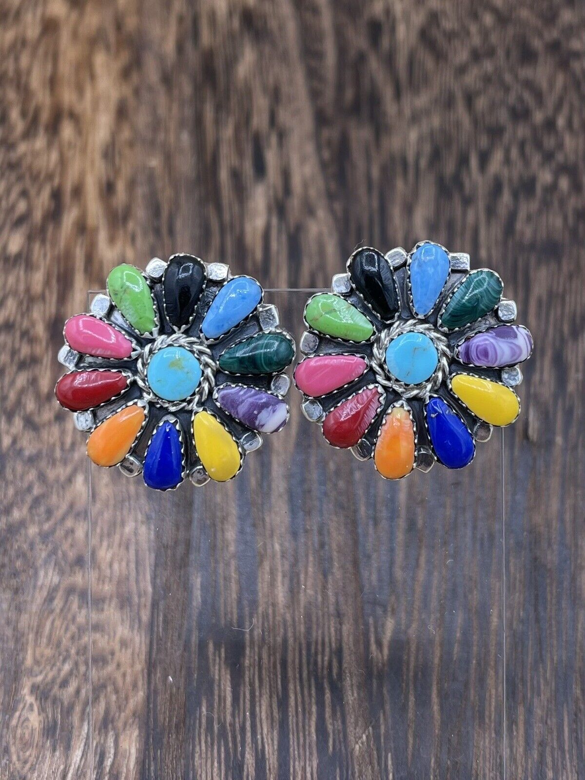 Native American Navajo Handmade Sterling Silver Multicolor Cluster Stud Earrings