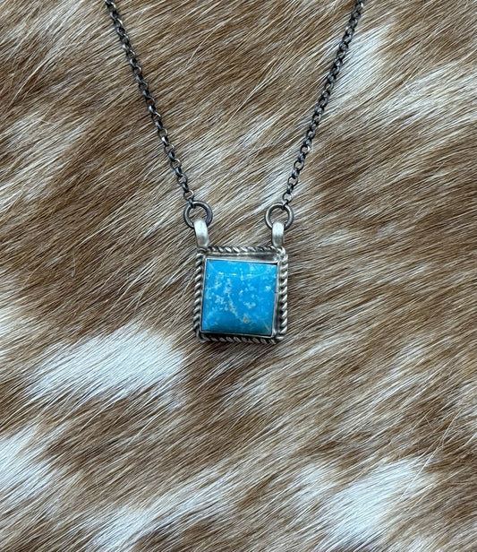 Native Navajo Handmade Silver Kingman Turquoise Cluster Bar Necklace 16”