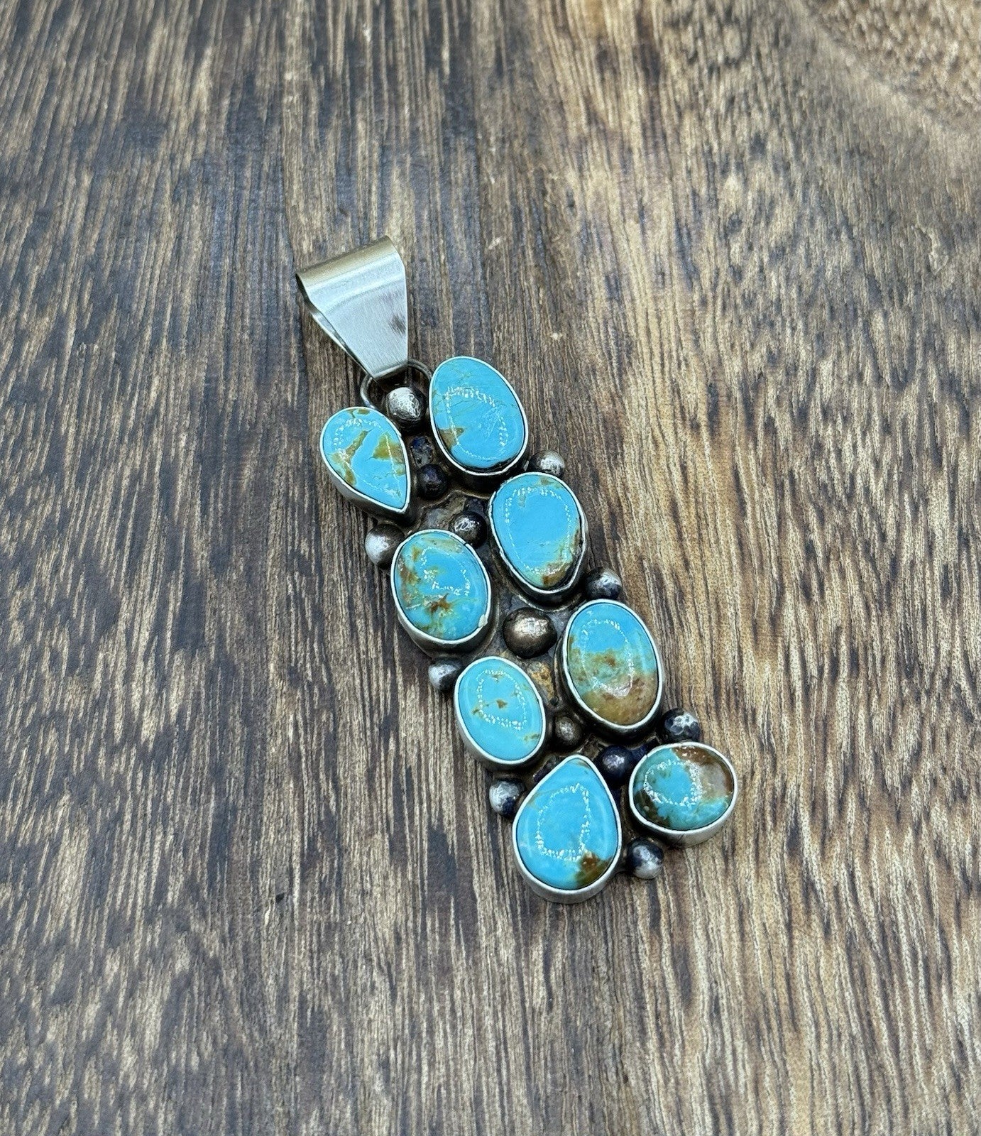 Native Navajo Handmade Sterling Silver Kingman Turquoise Cluster Drop Pendant