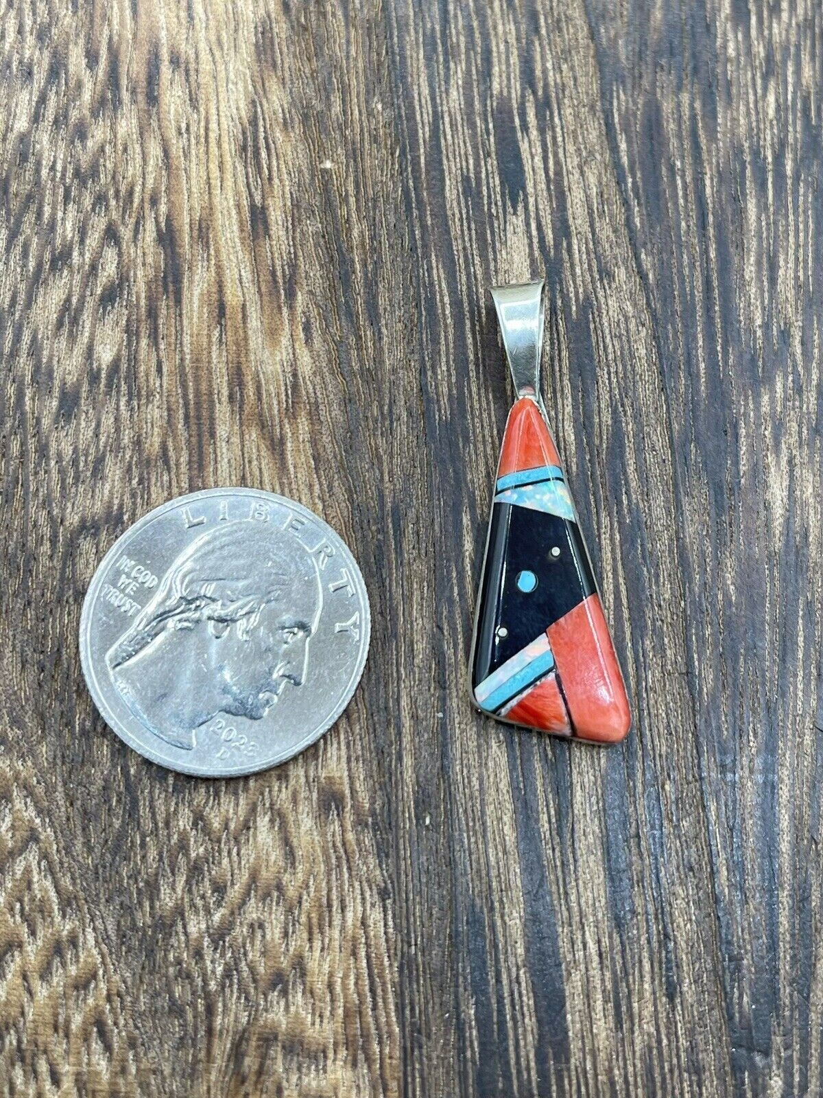 Native American Navajo Handmade Sterling Silver Multi Stone Inlay Pendant