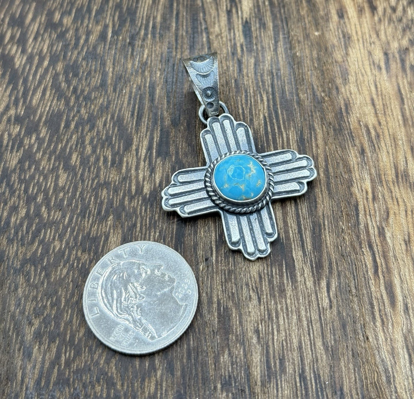 Navajo Handmade Sterling Silver Old Look Kingman Turquoise Zia Pendant Kevin B.