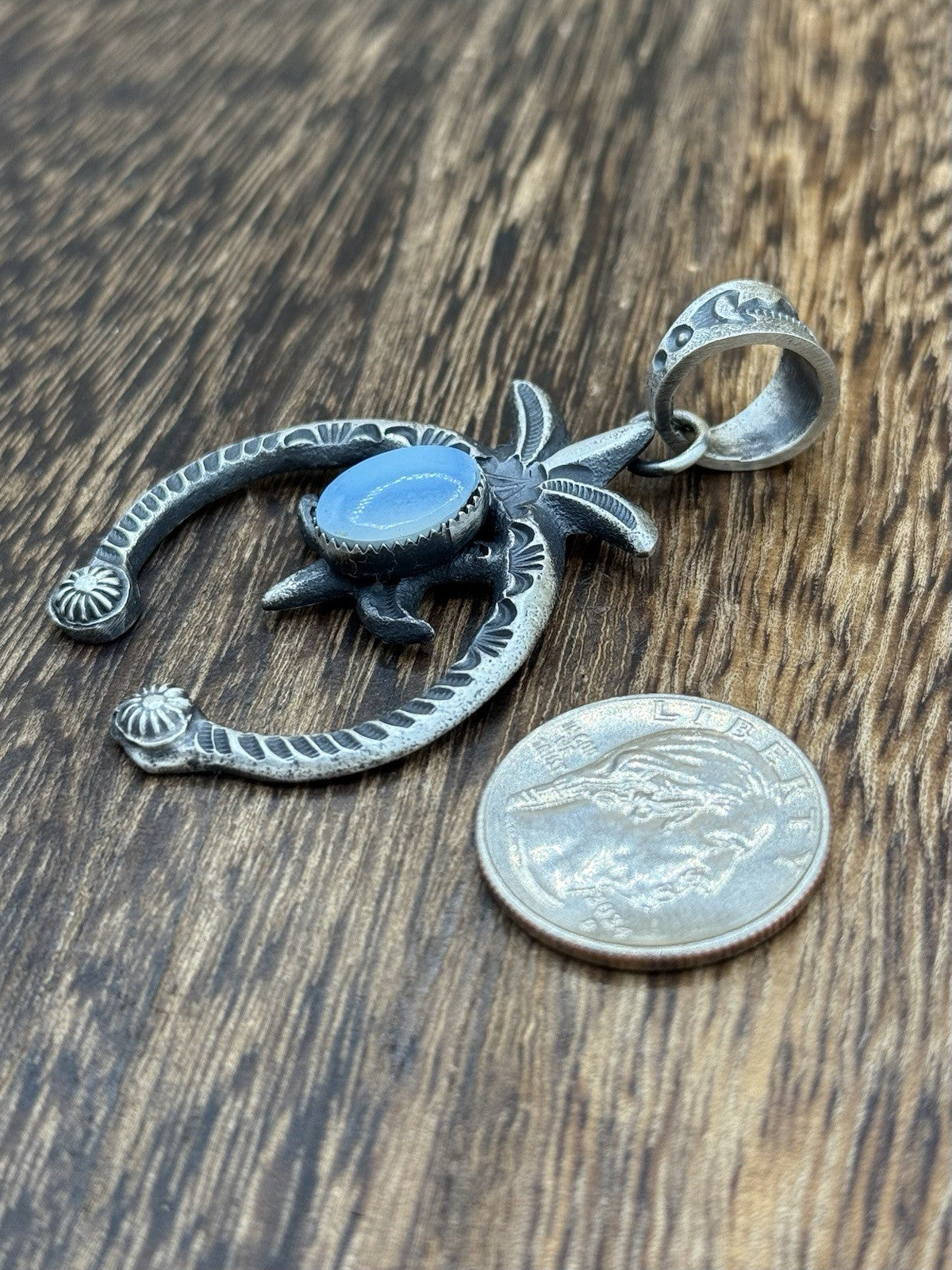 Navajo Handmade Sterling Silver Old Look Golden Hills Turquoise Naja Pendant