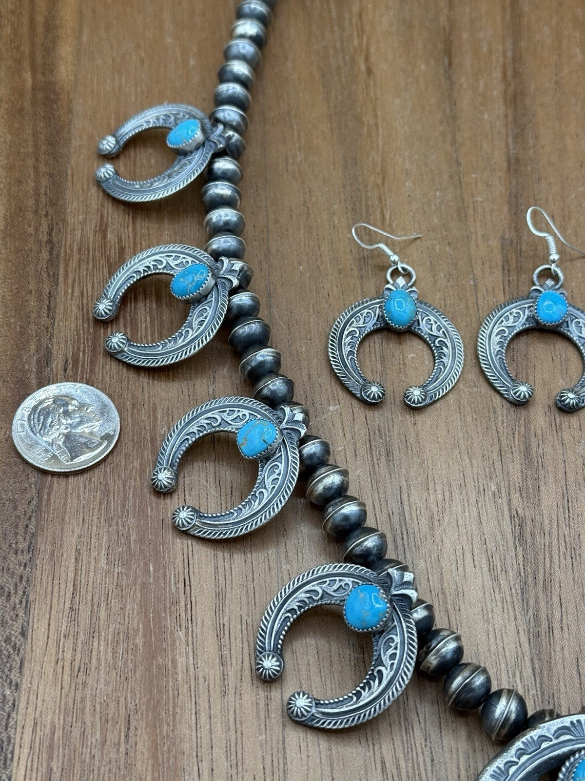 Navajo Handmade Sterling Silver Kingman Turquoise Squash Blossom Set By Kevin B.