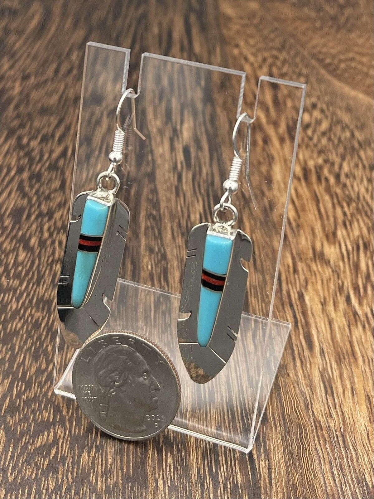 Native American Sterling Silver Navajo Handmade Turquoise Inlay Dangle Earring